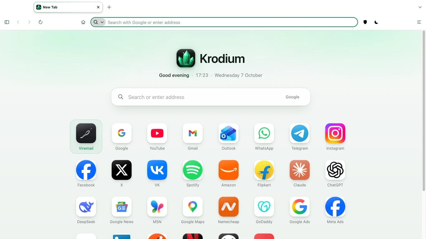The Krodium home screen in the light theme: the Krodium logo, a greeting with the time and date, a search box, and a grid of app tiles.