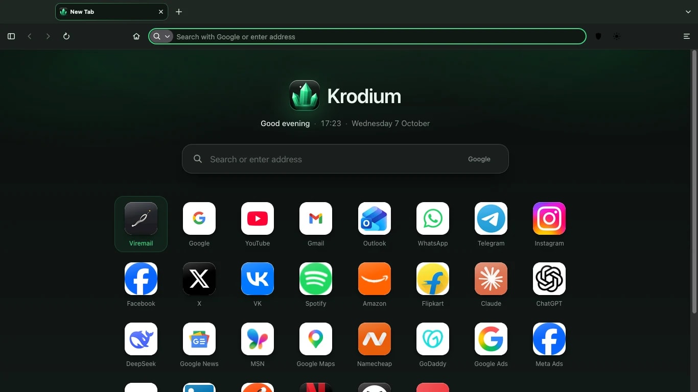 The Krodium home screen in the dark theme: the Krodium logo, a greeting with the time and date, a search box, and a grid of app tiles.